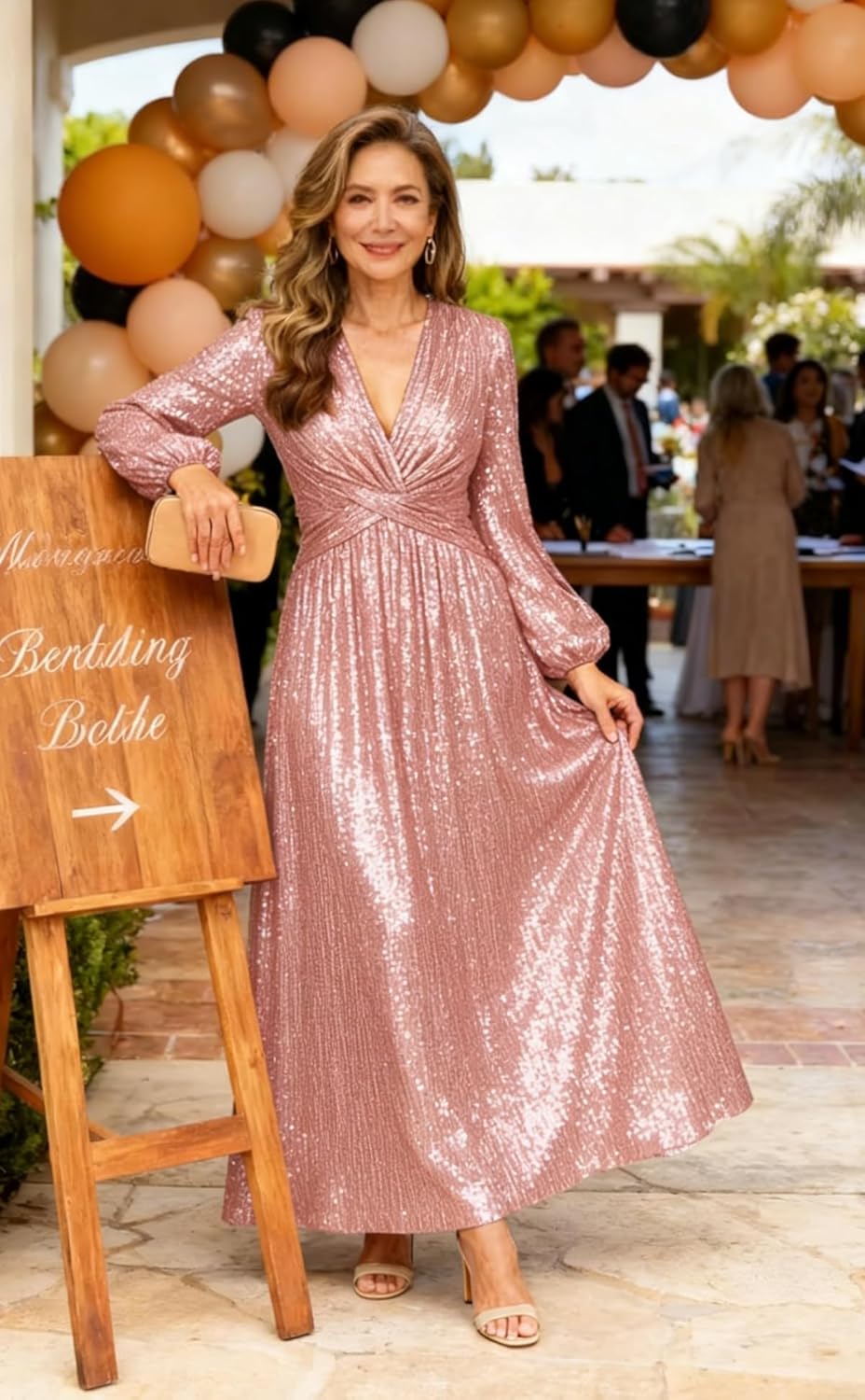 Long Sleeve Mother of The Groom Dresses Champagne Glitter Tulle Pleated Empire Formal Gala Dresses for Women US10 - Image 6