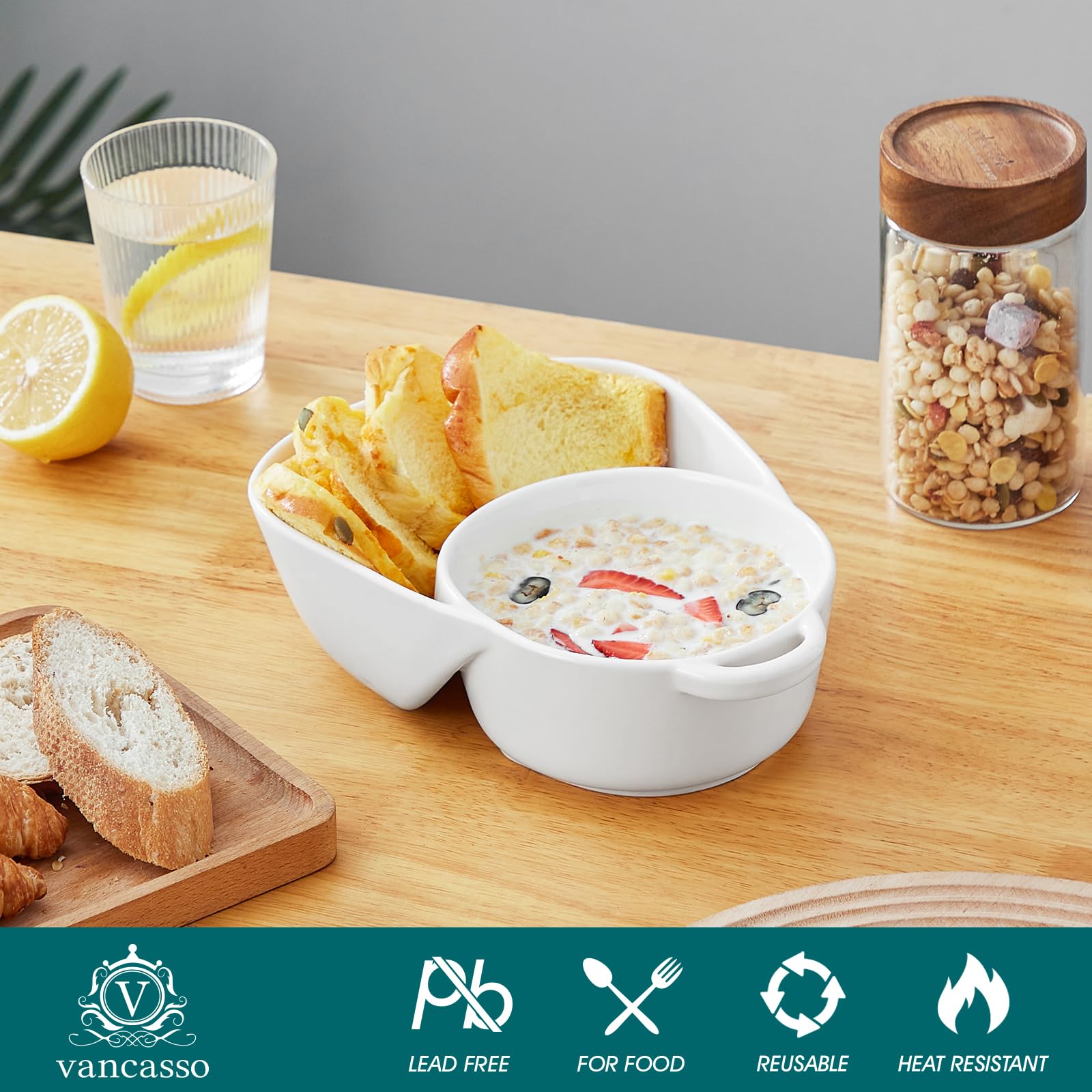vancasso Snack Chip und Dip Schalen, Suppe und Beilage/Cracker Schalen Sets für Frühstück,Weiß