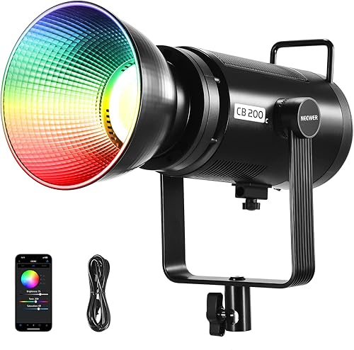 Miniatura 1 de NEEWER CB200C 200W RGBWW COB LED luz de video, APP2.4G 360  Color 2500K-7500K (Duv  0.0003) 23000luxm Bowens Metal Shell Silencioso Salida continua