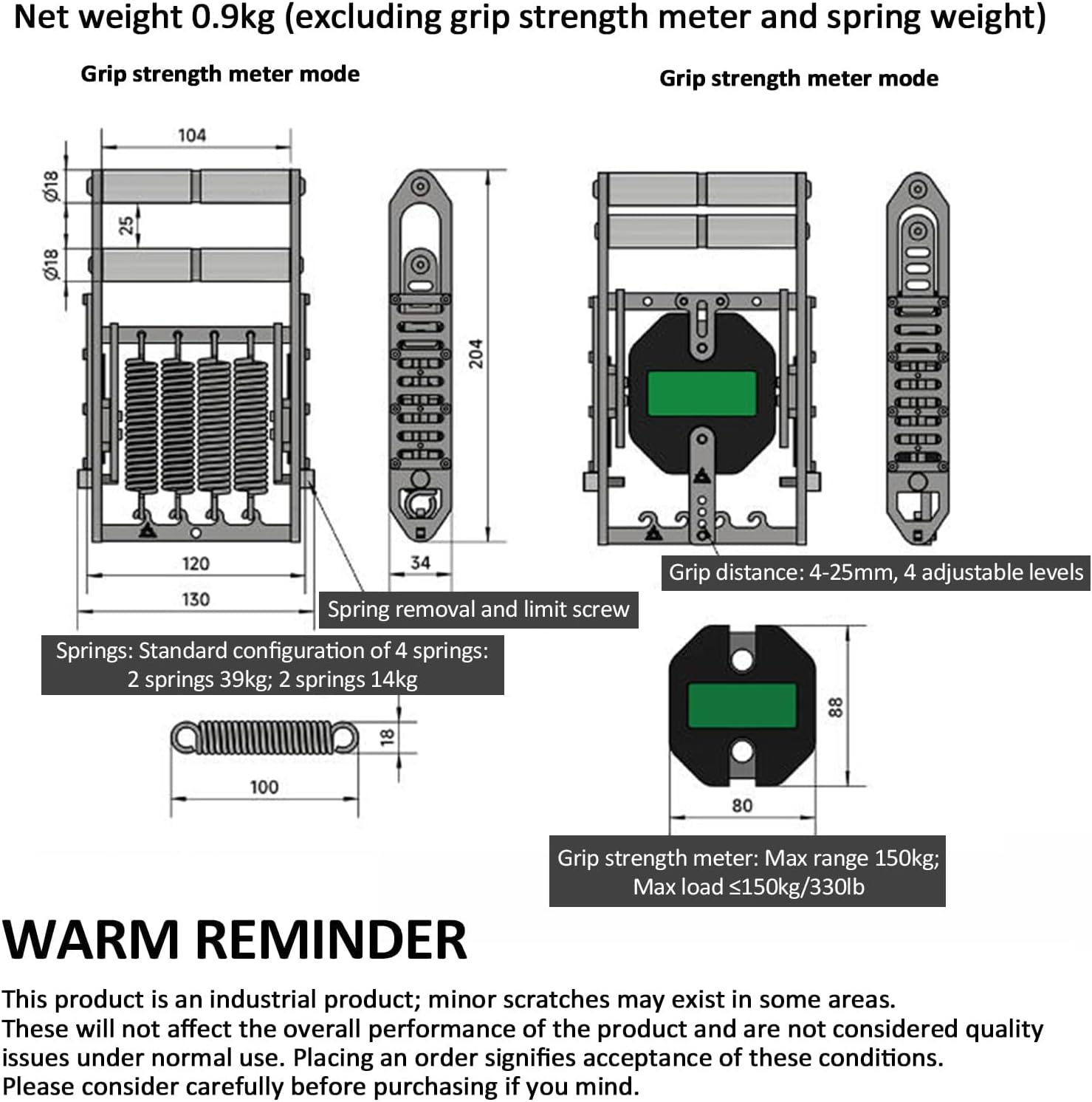 Digital Hand Dynamometer Grip Strength Tester, Stainless Steel Wrist Forearm Strength Trainer, 4-25mm 4-Speed Adjustment, Max Load 150Kgs, for Gym, Sport, Workout
