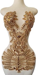 Pure Handmade Beads Rhinestones lace Applique Bodice Patches Trimming sew on Sequins Stones Beads Shining Heavy Decoration for Wedding Dress DIY Accessories 14.5X24.8inches (Champagne)