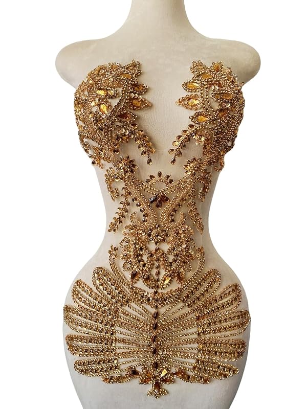 MOPISVN Pure Handmade Beads Rhinestones lace Applique Bodice Patches Trimming sew on Sequins Stones Beads Shining Heavy Decoration for Wedding Dress DIY Accessories 14.5X24.8inches (Champagne) by MOPISVN - Used condition - US$42.12