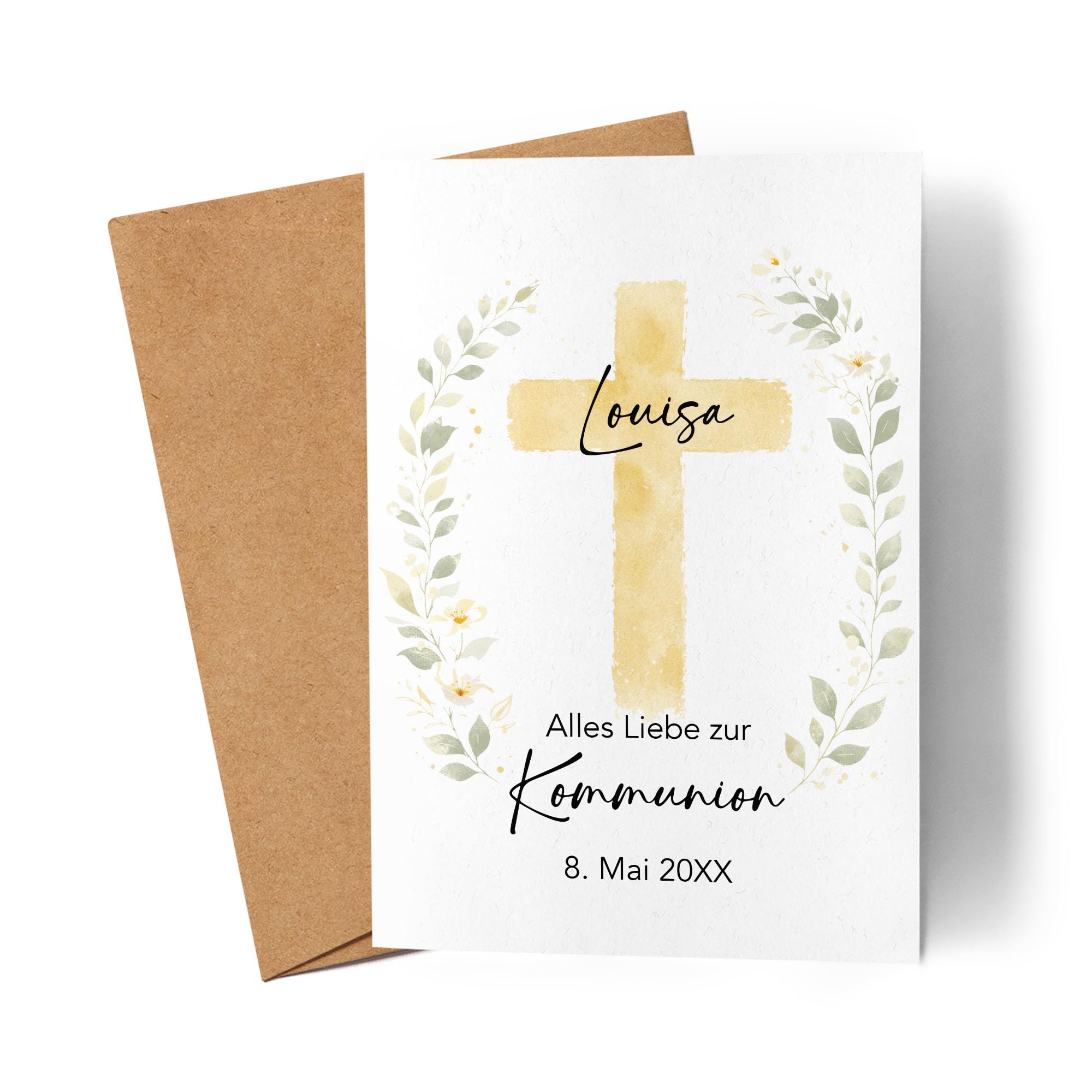 Personalisierte Kommunionskarte mit Name, Karte zur Kommunion mit Kreuz Design als Faltkarte für Mädchen Jungen - Glückwunschkarte & Geldgeschenk - 2
