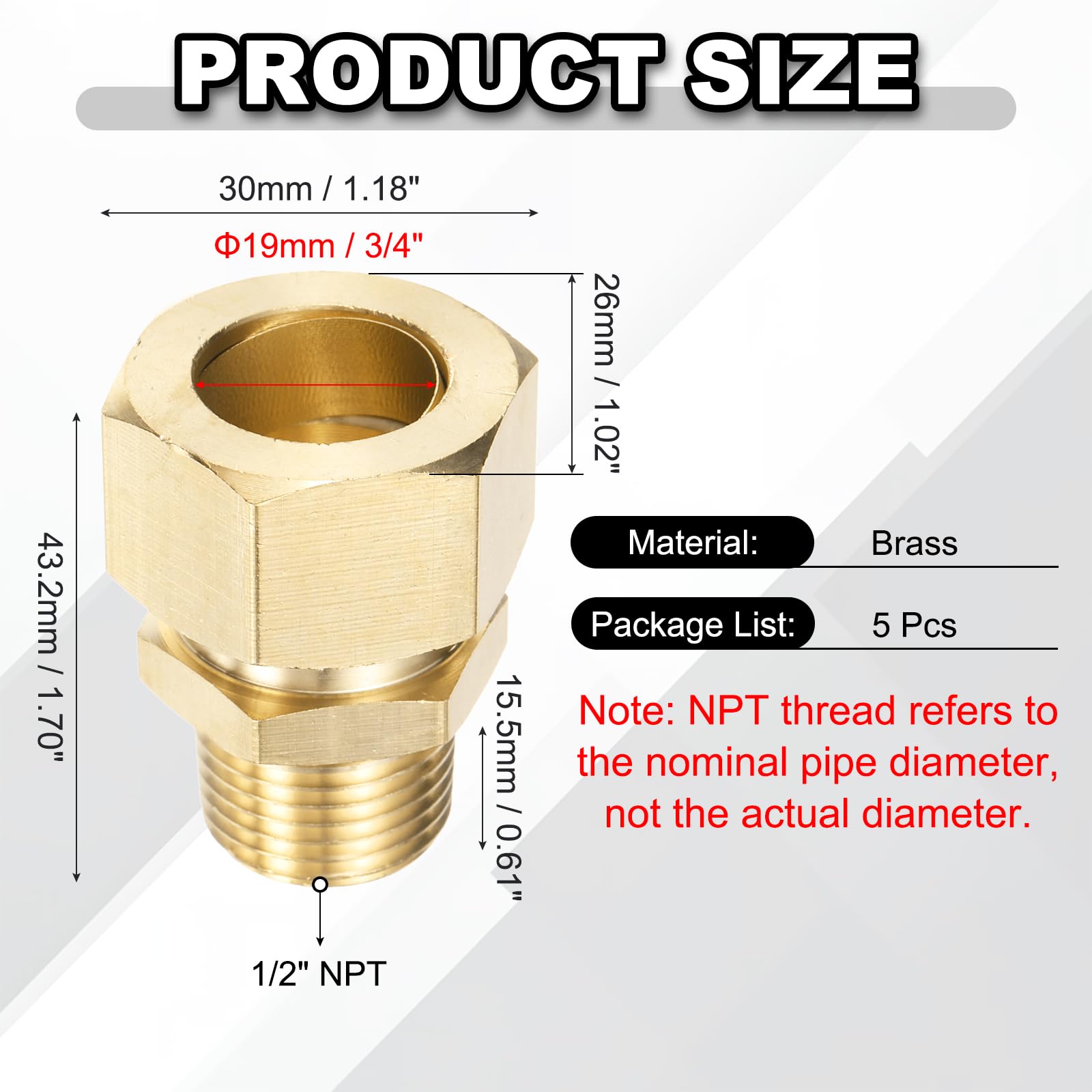 QUARKZMAN 5 Pièces Raccord de Compression Diam. Ext. 3/4" x NPT 1/2"