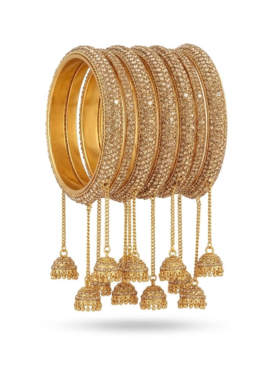 ARSH BANGLES Women's Traditional Gold Tone Jhumki Hanging Bangles Set | Textured Alloy Metal Bridal Chooda Kada Set with Latkan for Wedding, Party & Festive | Set of 6 Bangles-image-35