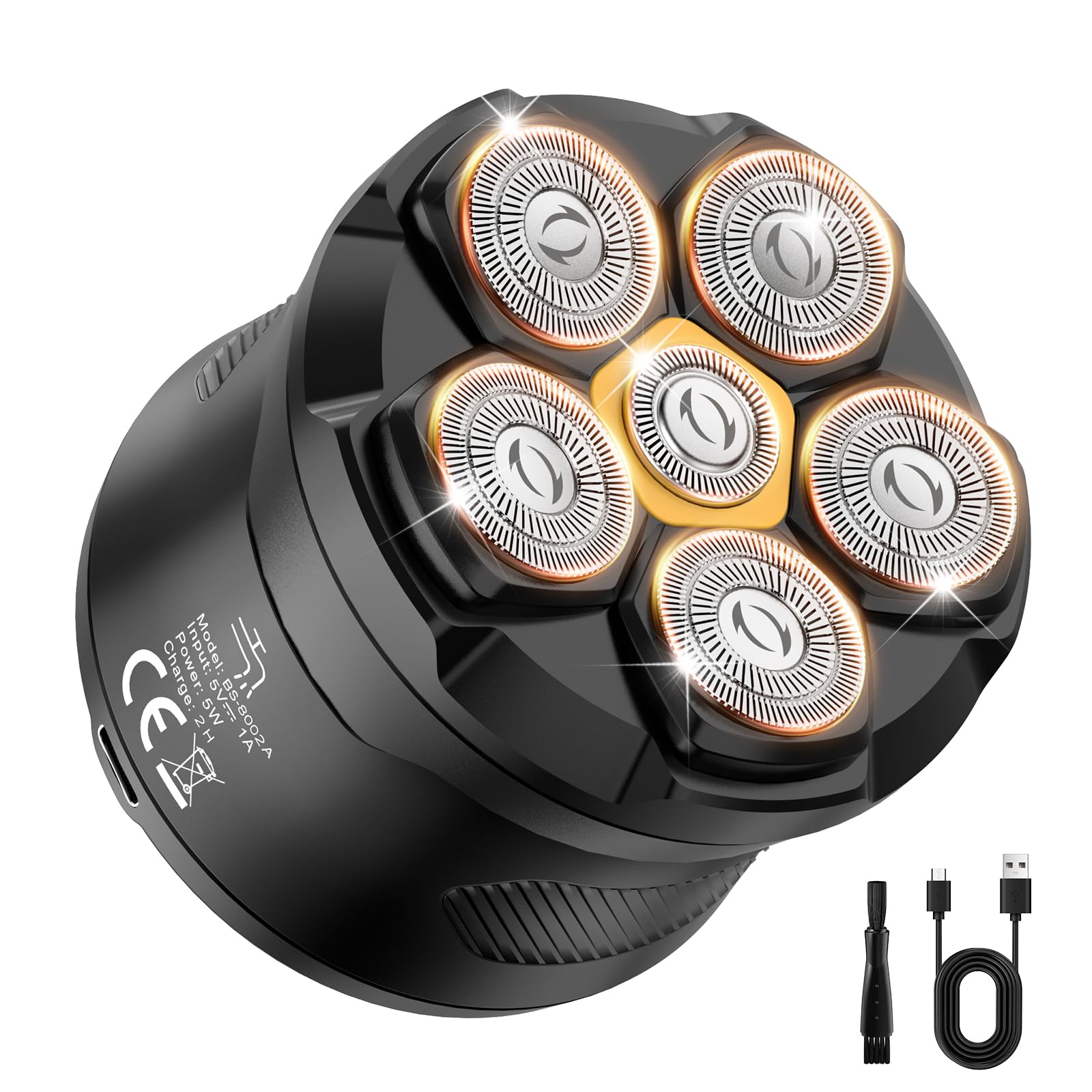 Afeitadora Cabeza Hombre Eléctrica, Maquina Afeitadora para Calva, Afeita en Húmedo y Seco, 6 Cabezales, Resistencia al Agua IPX7