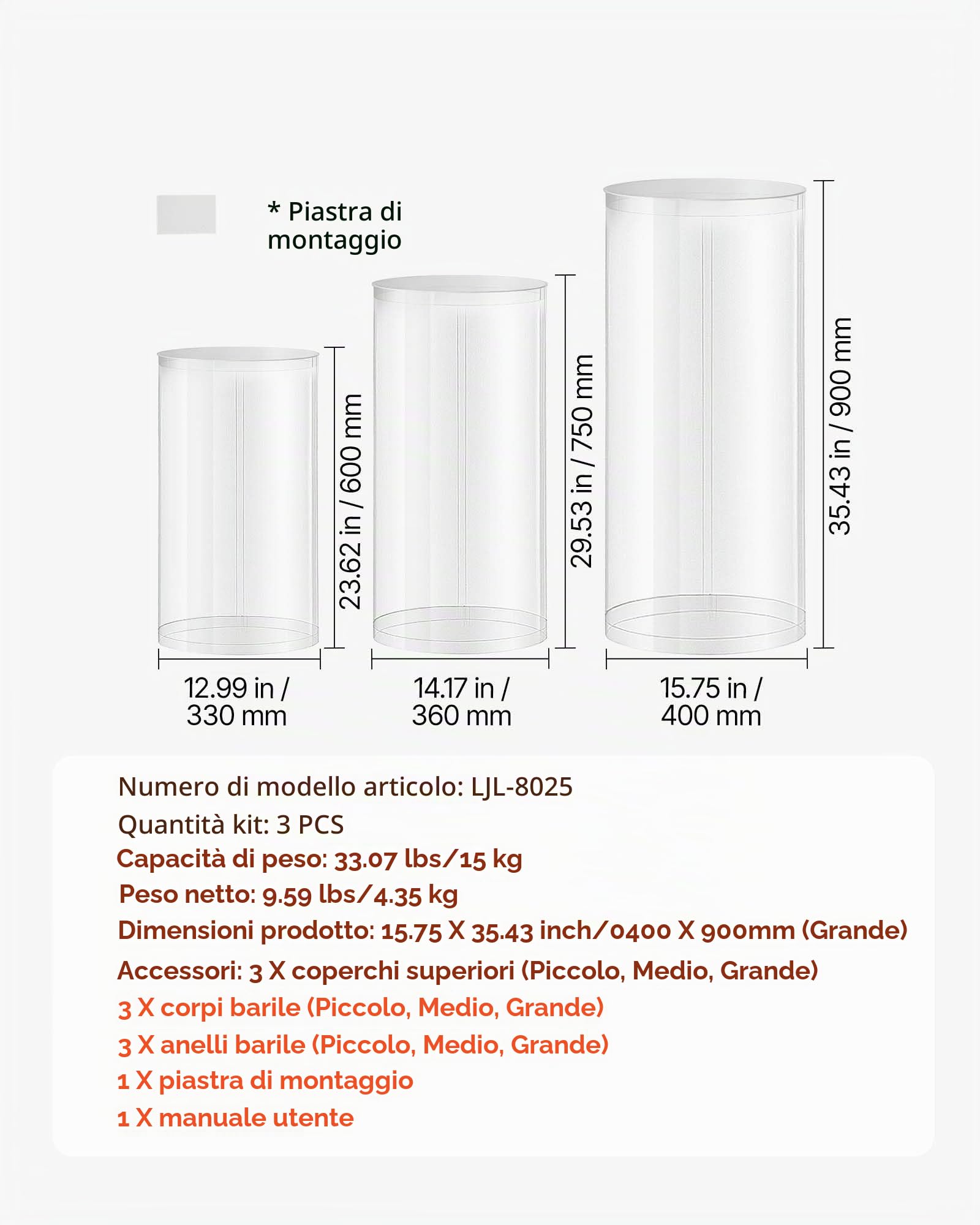 VEVOR Supporto per Fiori da Matrimonio, Zoccolo Cilindrico Rotondo, Supporto Trasparente con Coperchio in Acrilico Trasparente, 3 Pezzi da 60, 75, 90 cm, Supporti Cilindrici per Matrimoni, Feste