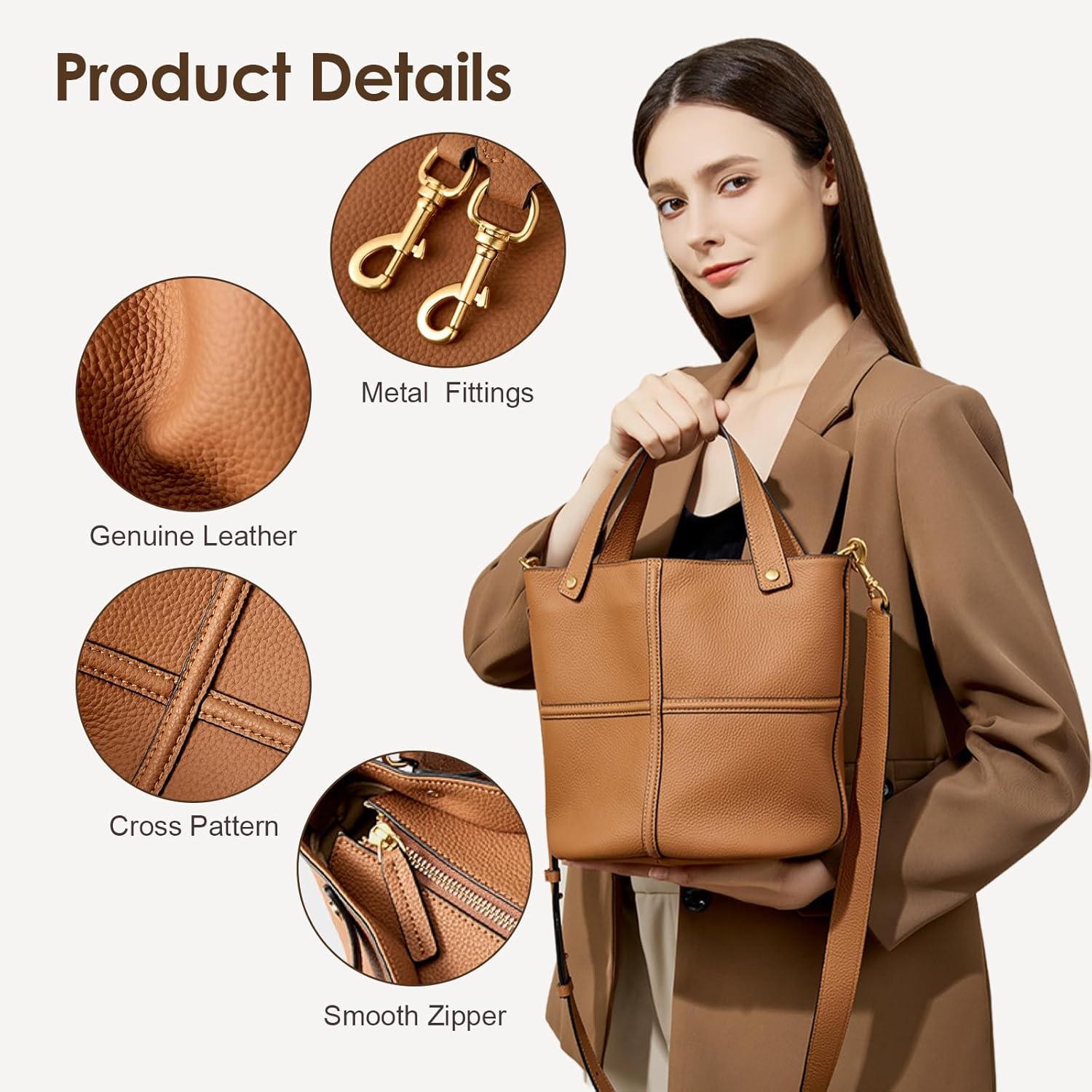 Leather Bucket Bags for Women, Crossbody Purse with Adjustable Strap and Top Handle - Image 2