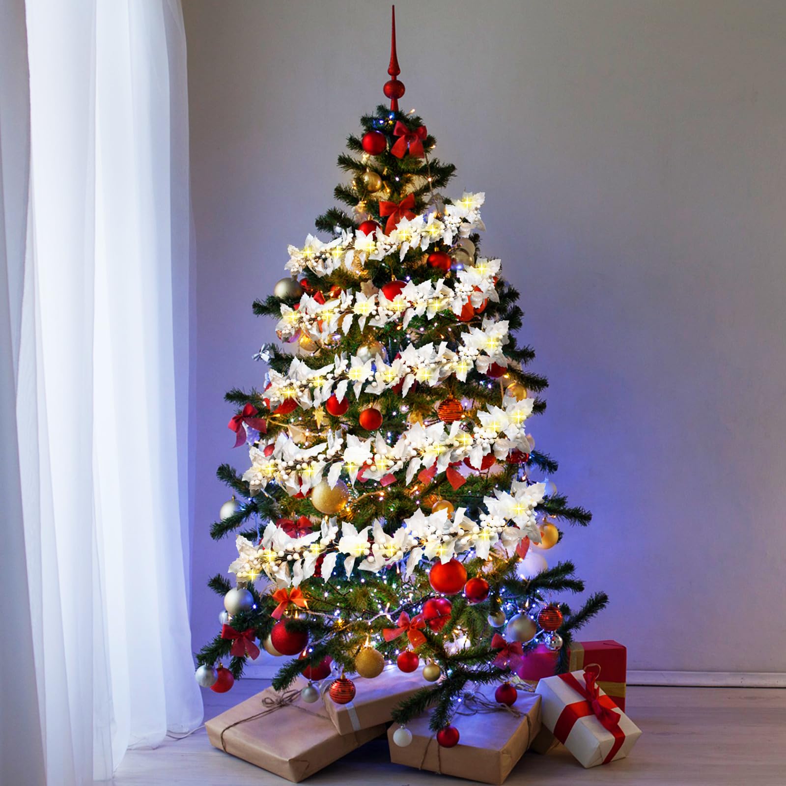 Syhood Guirnalda de bayas de Navidad de 6 pies, guirnalda de hojas de acebo iluminadas de Navidad, guirnalda artificial para interiores, decoración de otoño y Navidad, guirnalda de luces para chimenea
