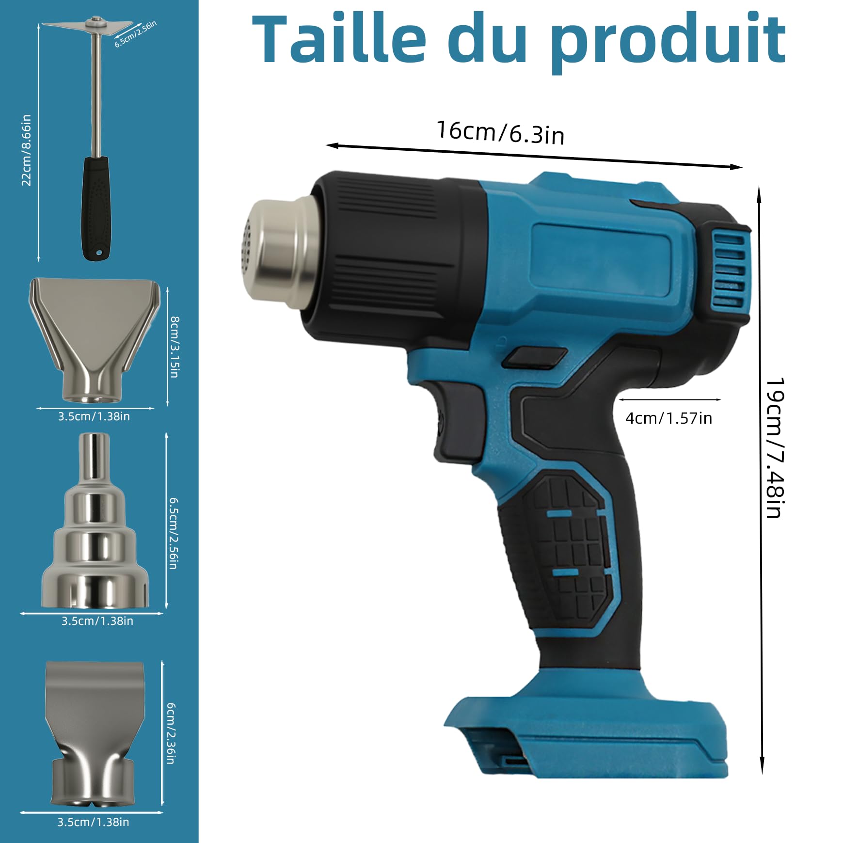 Pistolet à air chaud sans fil 350 W - Compatible avec batterie Ma-kita 18 V - Décapeur thermique 86-1022 ℉ pour le bricolage, avec 3 buses et grattoir, sans batterie