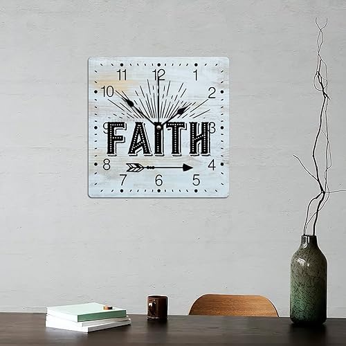 Miniatura 6 de Faith - Reloj de PVC con letras envejecidas y cuadradas, reloj colgante cuadrado de 12 pulgadas, silencioso, sin tictac, decoración del hogar para