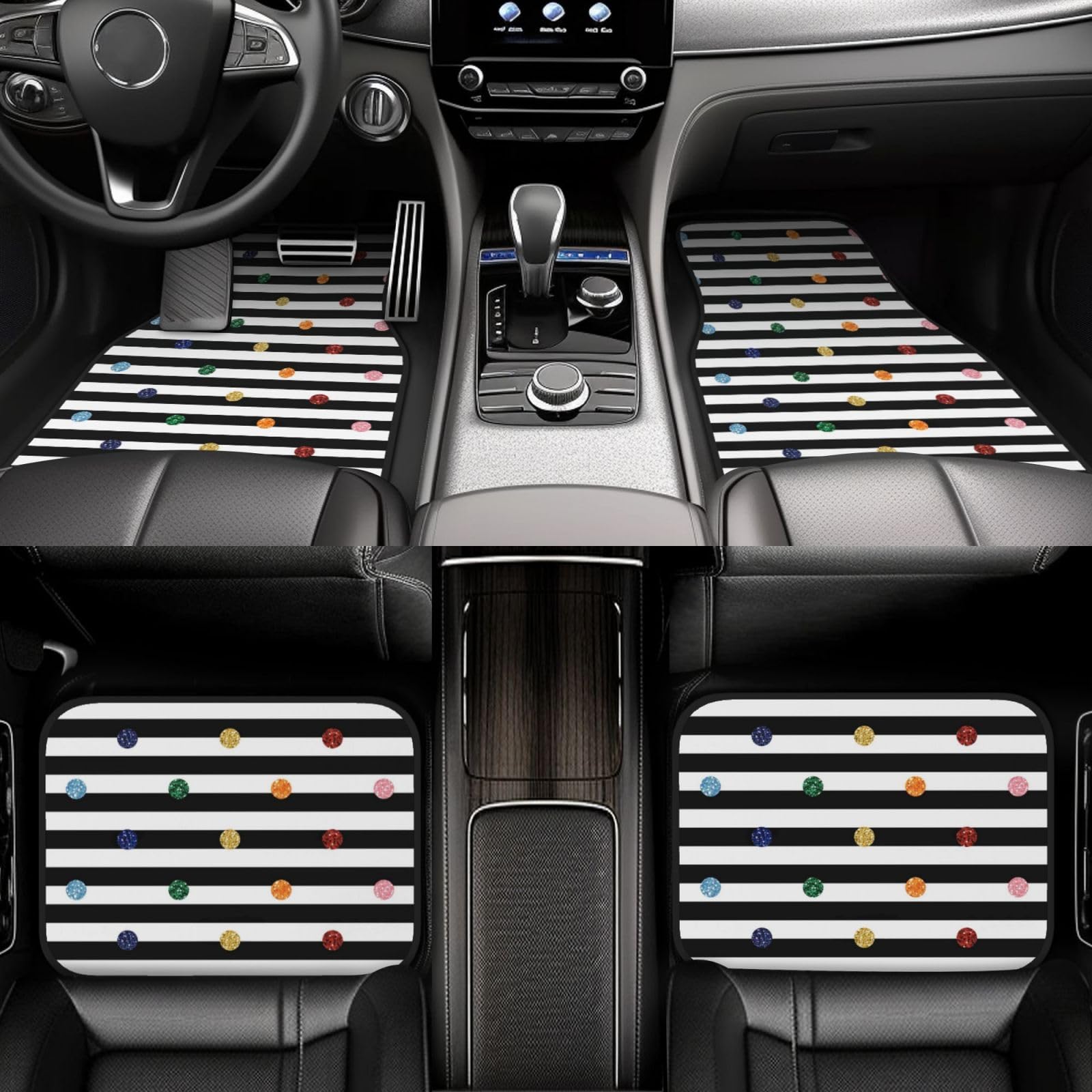 Regenbogenfarbener Polka-Dot-Streifen-Schwarzweißdruck, 4er-Set Auto-Fußmatten, Neopren-Fußmatten für Fahrzeuge, rutschfeste Auto-Fußmatten, Autozubehör