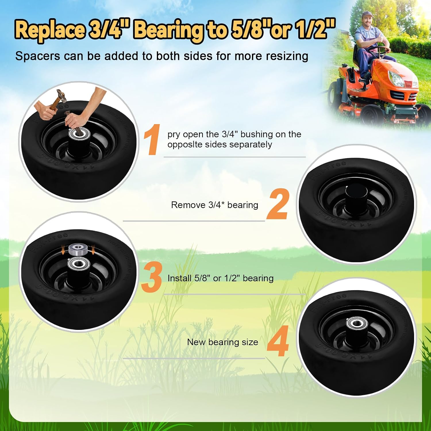 11x6.00-5 Tires for Zero Turn Mower,with Upgraded 3/4",5/8"and 1/2" Bearing More Durable,11x6.00-5 Flat Free Tire,11x6-5 Lawn Mower Tires 6"- 8"Center Hub, Load 400lbs