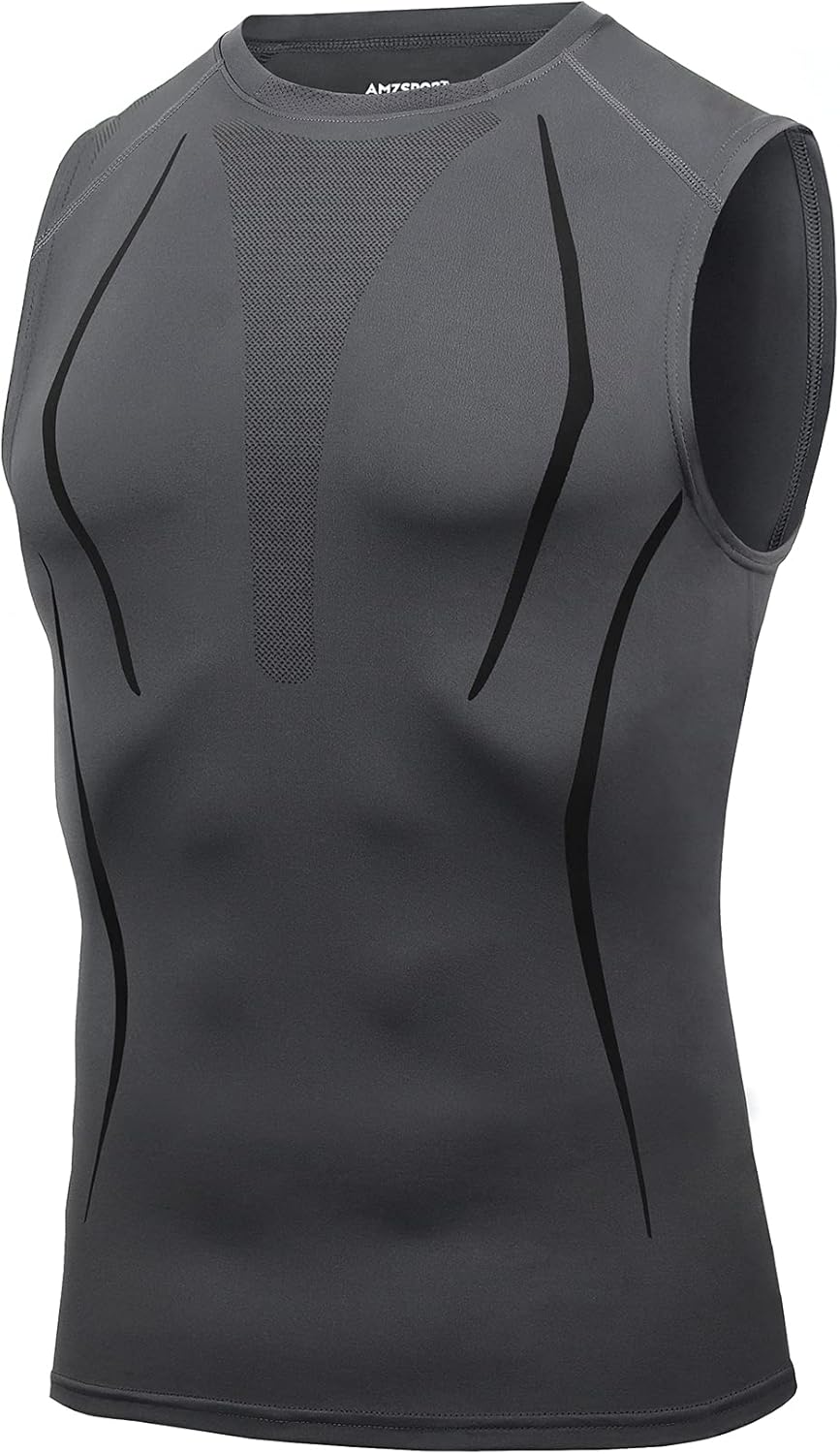 AMZSPORT Mouwloos compressie-T-shirt voor heren, sport, sneldrogend