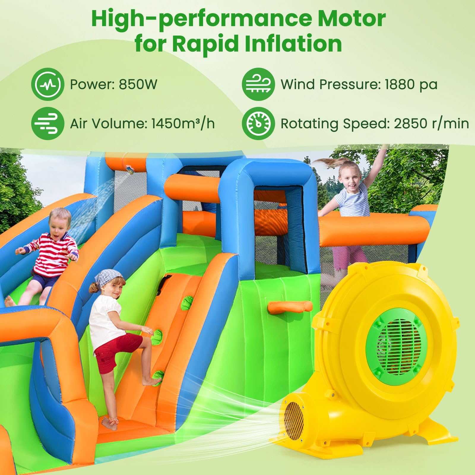 FANTASK Bomba de Ventilador para Castillo Hinchable, 850 W, para Juguetes inflables, soplador con Mango y Anclaje al Suelo