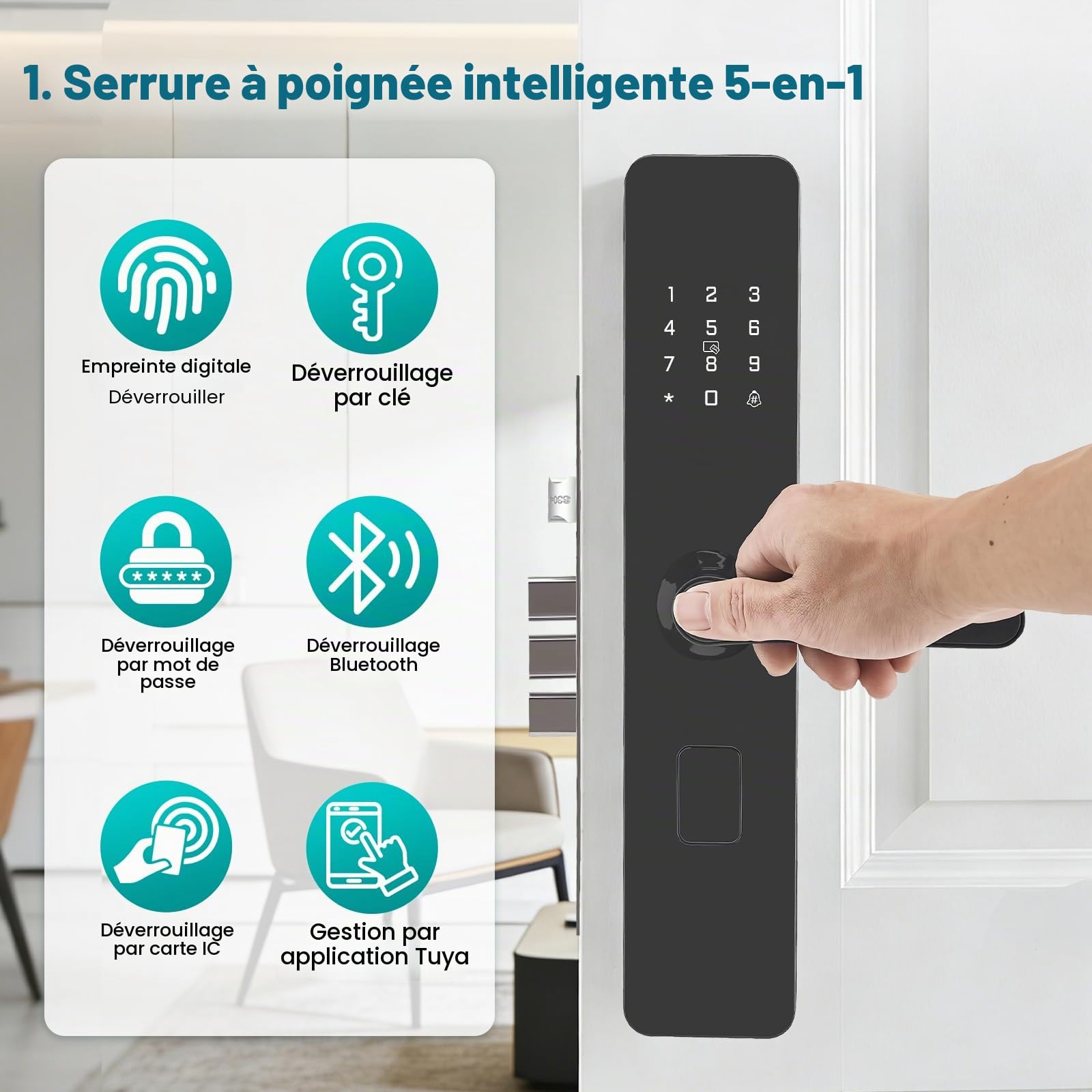 Serrure de Porte Empreinte Digitale, Serrure Connectée Électronique avec 6 Modes, Cylindre Classe C, APP Contrôle Intelligente Smart Lock, 2 Cartes NFC, pour Portes d’Entrée dès 40mm Maison Bureau