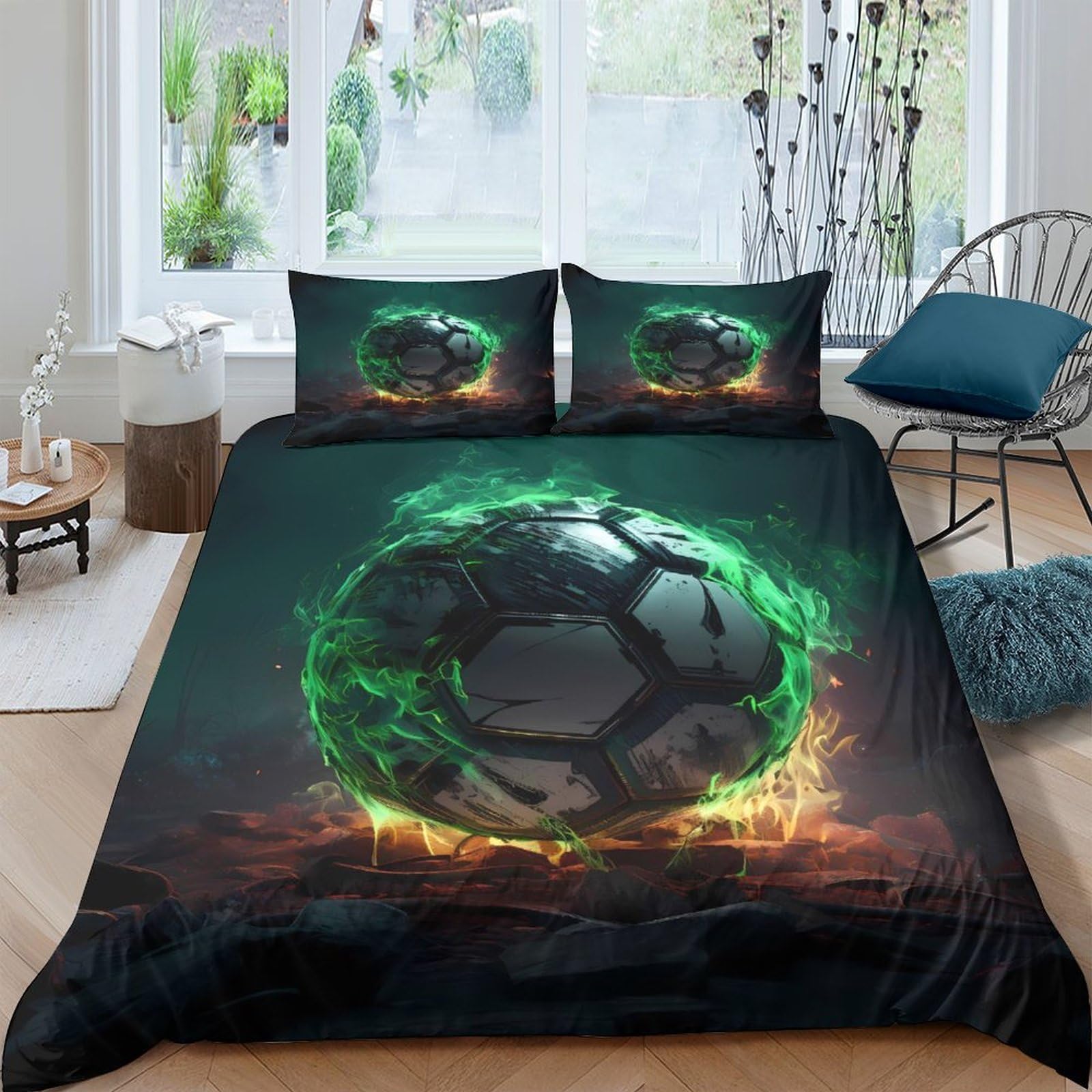 Ctjqhvkz Style-10 3D Printed Fiery Soccer Ball Fitted Sheet Microfiber Soft Anti-Slip Green Flame Bed Cover For Bedroom Dorm Mattress Decor Single（135X200cm）