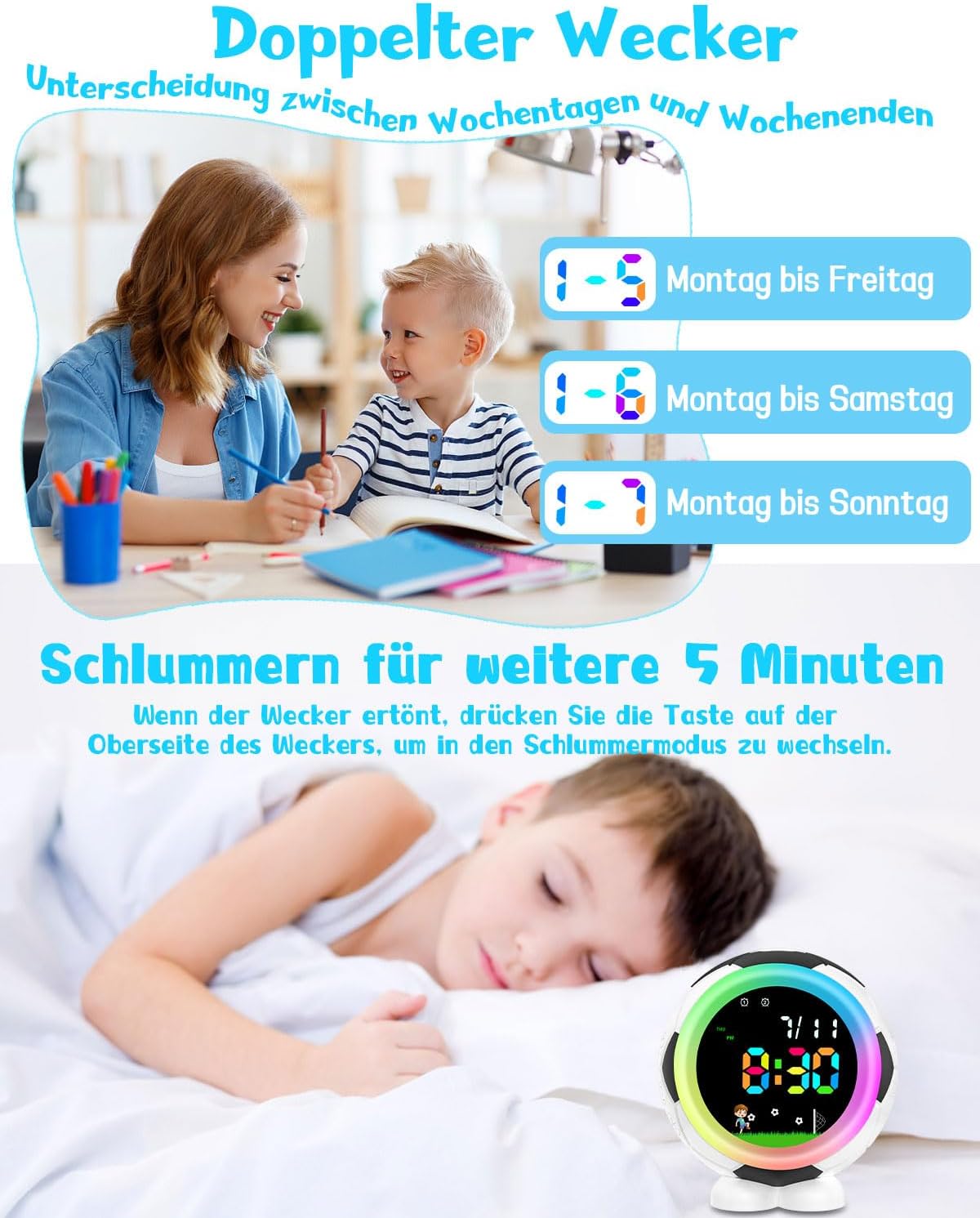 Top and back view of Ayybboo Football Digital Alarm Clock with snooze button and USB port