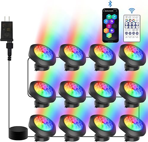 RGB Underwater Pond Lights,Super Bright 18 LED Submersible Fountain Lights, Bluetooth APP Control IP68 Waterproof Color Changing Spotlights for Fish