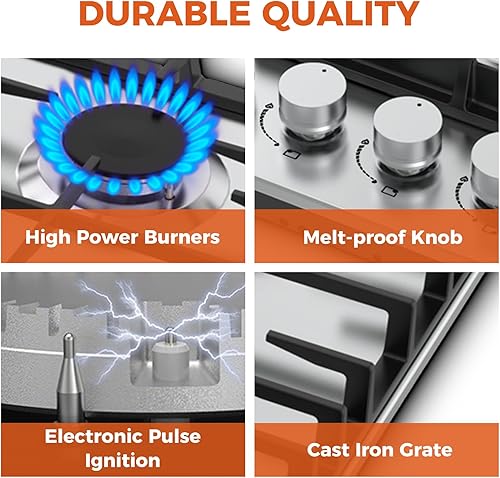 Vista 4 de Estufa de gas de 24 pulgadas, estufa de propano con 4 quemadores de 27,400 BTU, NG/LPG, estufa convertible de acero inoxidable integrada