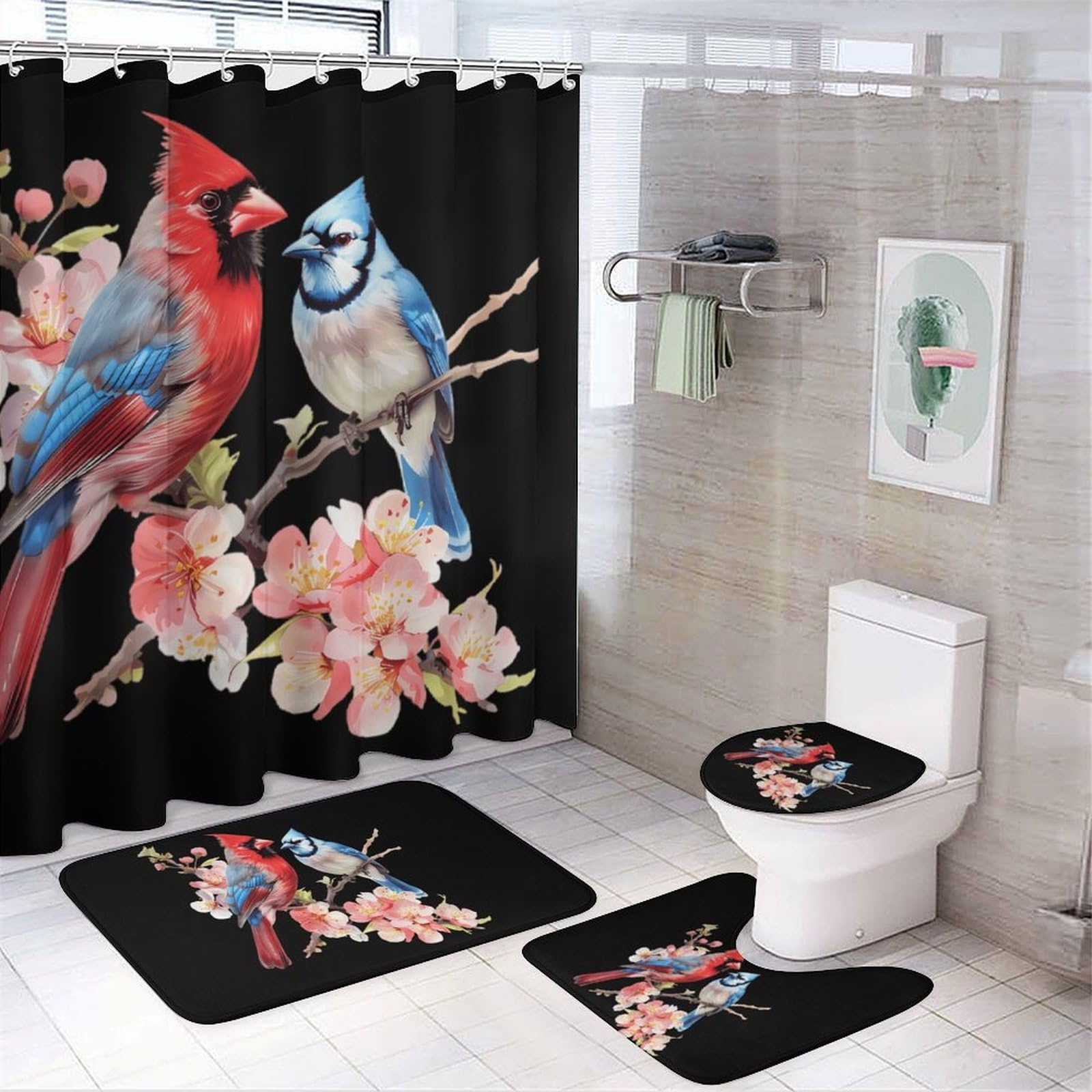 CGSBNGHA Cardinal And Blue Jay Bird Shower Curtain Set 4 Piece Bathroom Sets with Rugs Toilet Lid Cover And U-Shaped Floor Mat