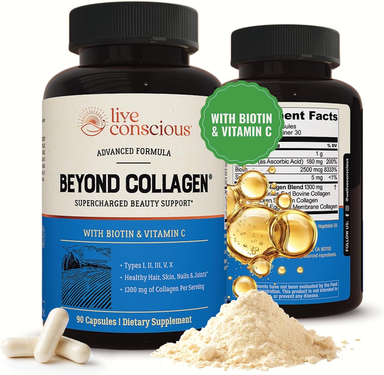 Live Conscious Beyond Collagen Multi Collagen Capsules – Types I, II, III, V & X – Hydrolyzed Blend with Biotin & Vitamin C for Hair, Skin, Nails 90 Capsules Live Conscious Beyond Collagen Multi Collagen Capsules – Types I, II, III, V & X – Hydrolyzed Blend with Biotin & Vitamin C for Hair, Skin, Nails 90 Capsules