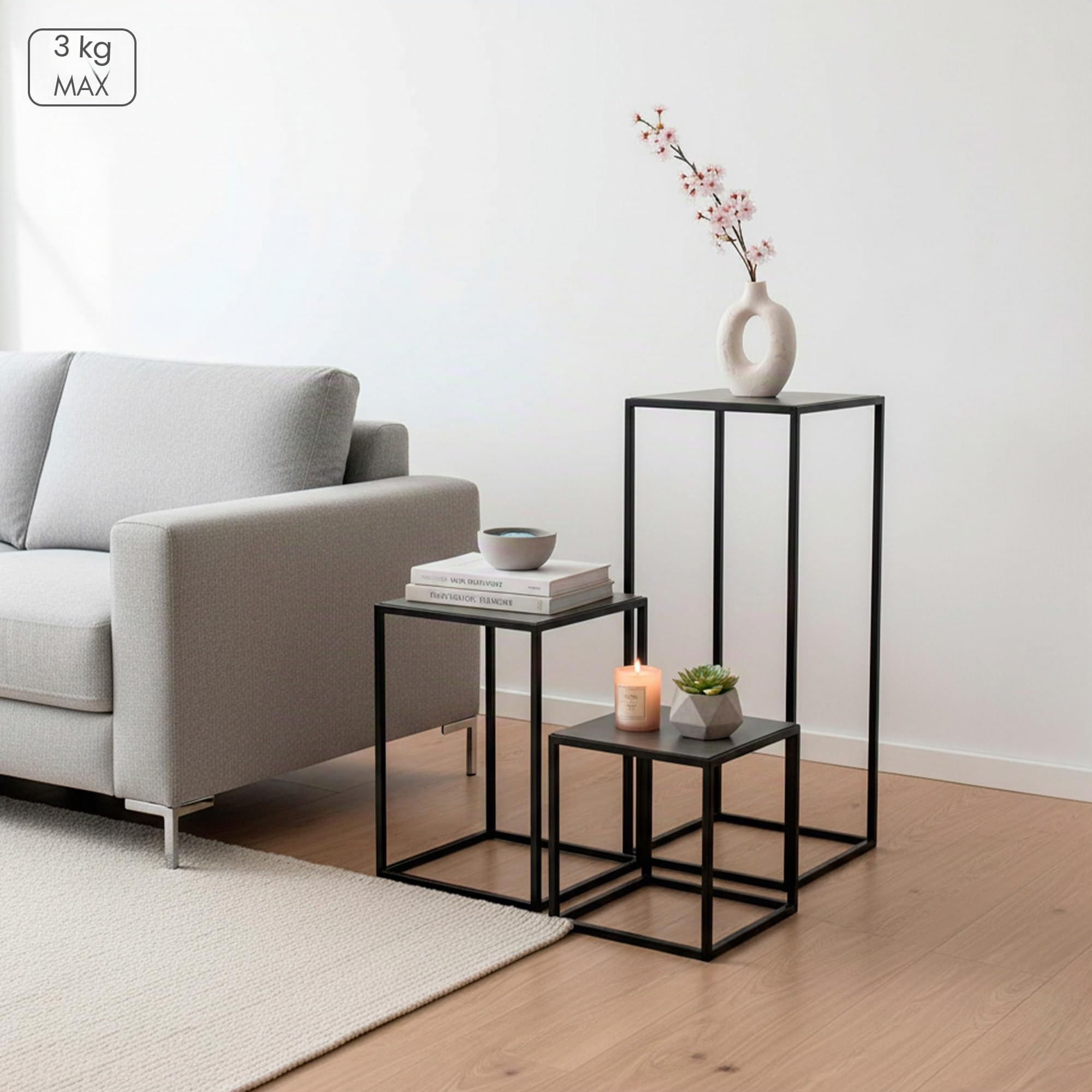 AKTIVE Max Home Set 3 tavolini quadrati 30x30x90 cm, 26x26x60 cm e 22x22x30 cm, peso max. 3 kg, legno grigio, gambe in metallo nero, per soggiorno, camera da letto, ingresso (18516)