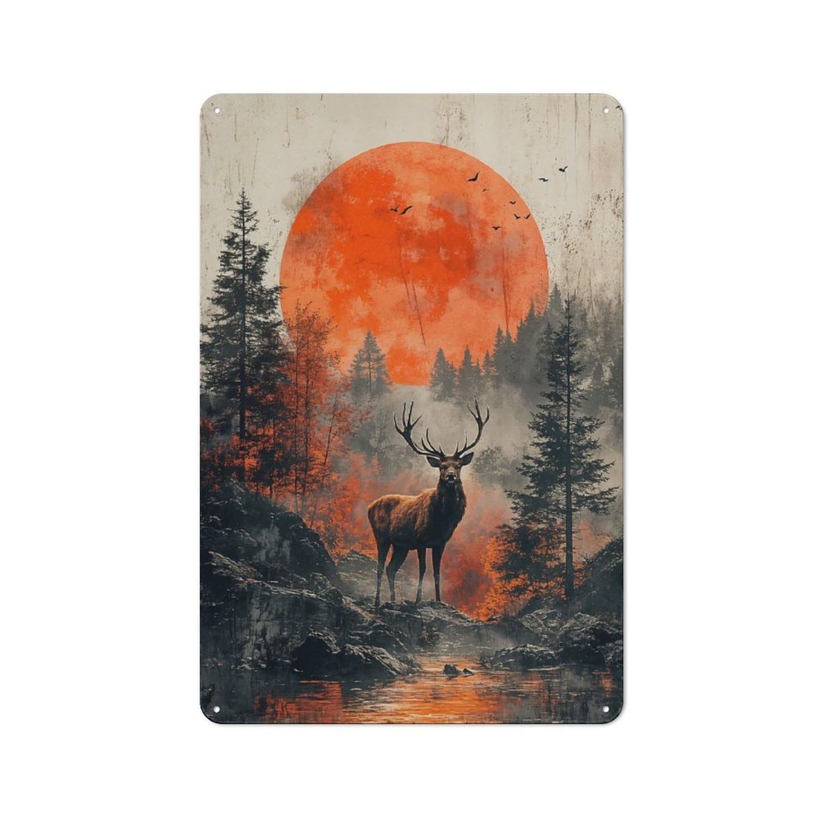 Junmoney Style-14 Garage Style Stag In Forest With Red Moon Retro Metal Sign 30X20cm, Workshop Wall Decor For Tool Room, Garage, Studio Or Home Bar