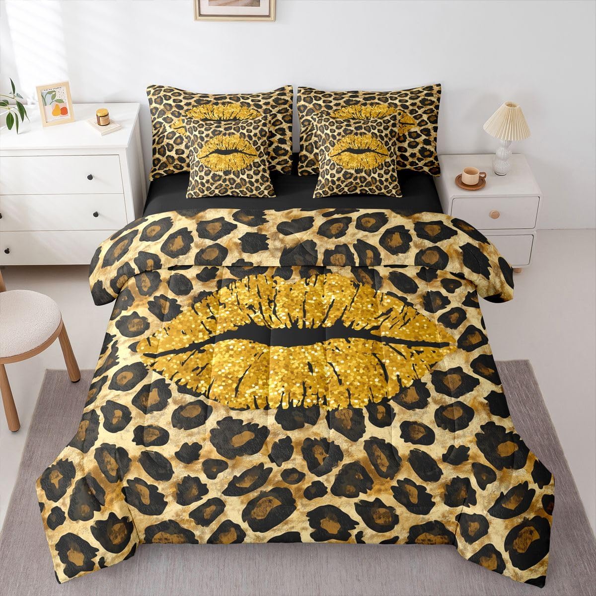 Erosebridal Leopard Lips Black Gold Girls Women 2000S Full Comforter Set 7 Pieces | Cheetah Print Mouth Bed in A Bag for Bedroom Safari Wildlife Bedding Set with Comforters Valentine Room Decor