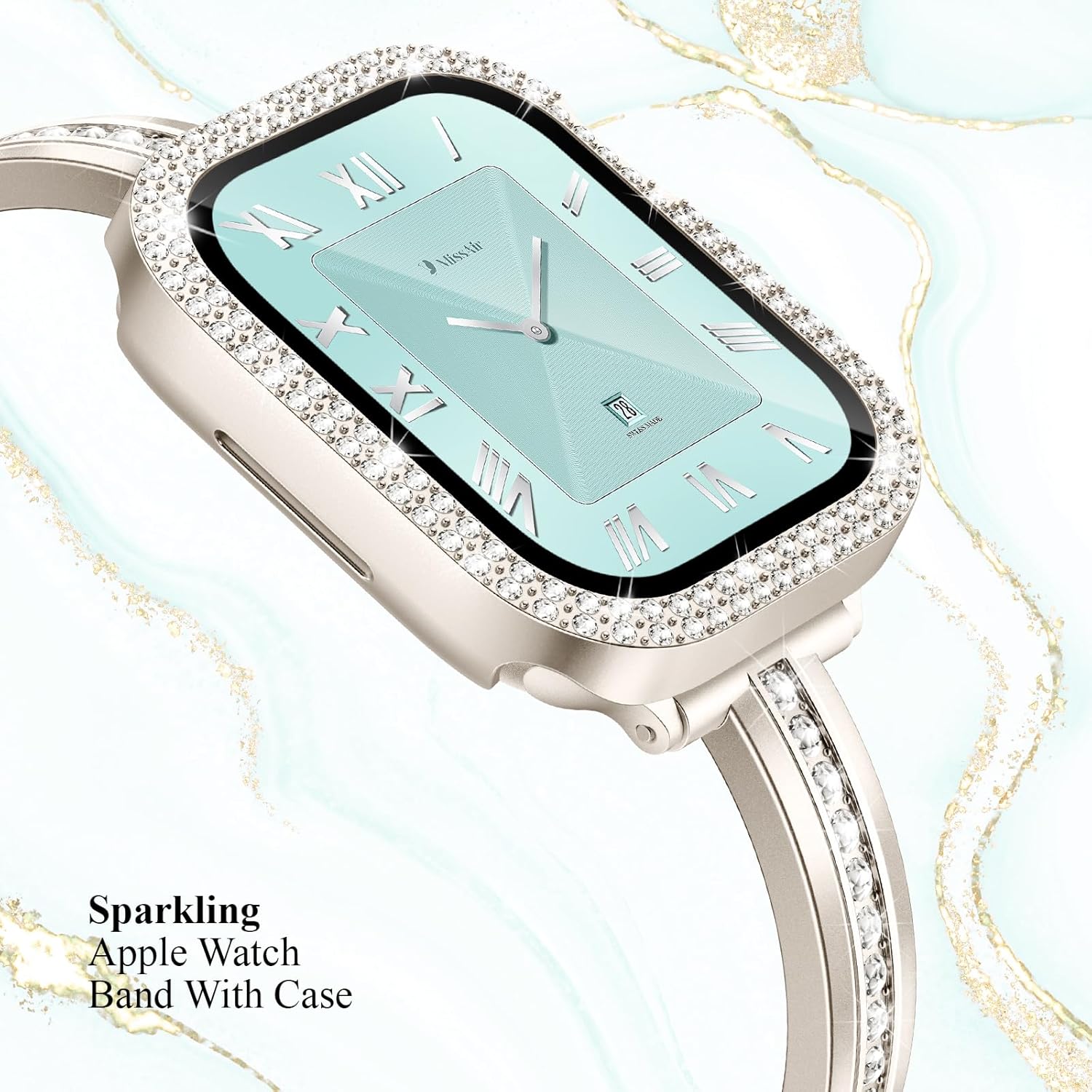 Missair Bands Compatible for Apple Watch Band 40mm 41mm 44mm 45mm with Screen Protector Case, Slim Metal Dressy Jewelry Bracelet Strap with Bling Diamond Cover for iWatch Series 9 8 7 6 5 4 for Women - Image 2