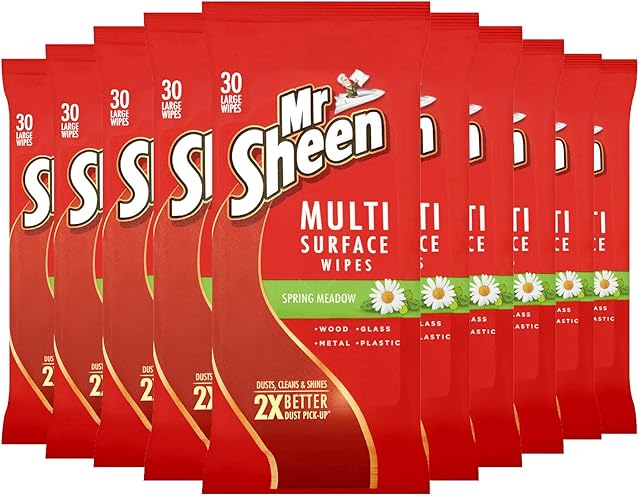 Mr Sheen Ultra Effective Wipes for Wood, Glass, Metal and Plastic, Spring Meadow Fragrance, 30 Wipes, Pack of 10, Total 300 Wipes