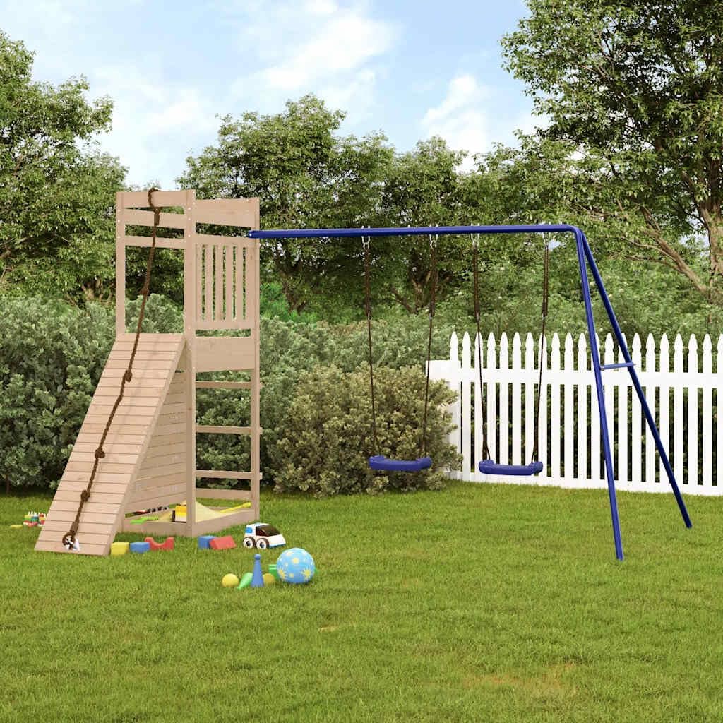 Brown and Blue Solid Pine Wood Outdoor Playset with Polypropylene Large Swings and Climbing Wall for Backyard Fun and Active Play, 4-Piece Set