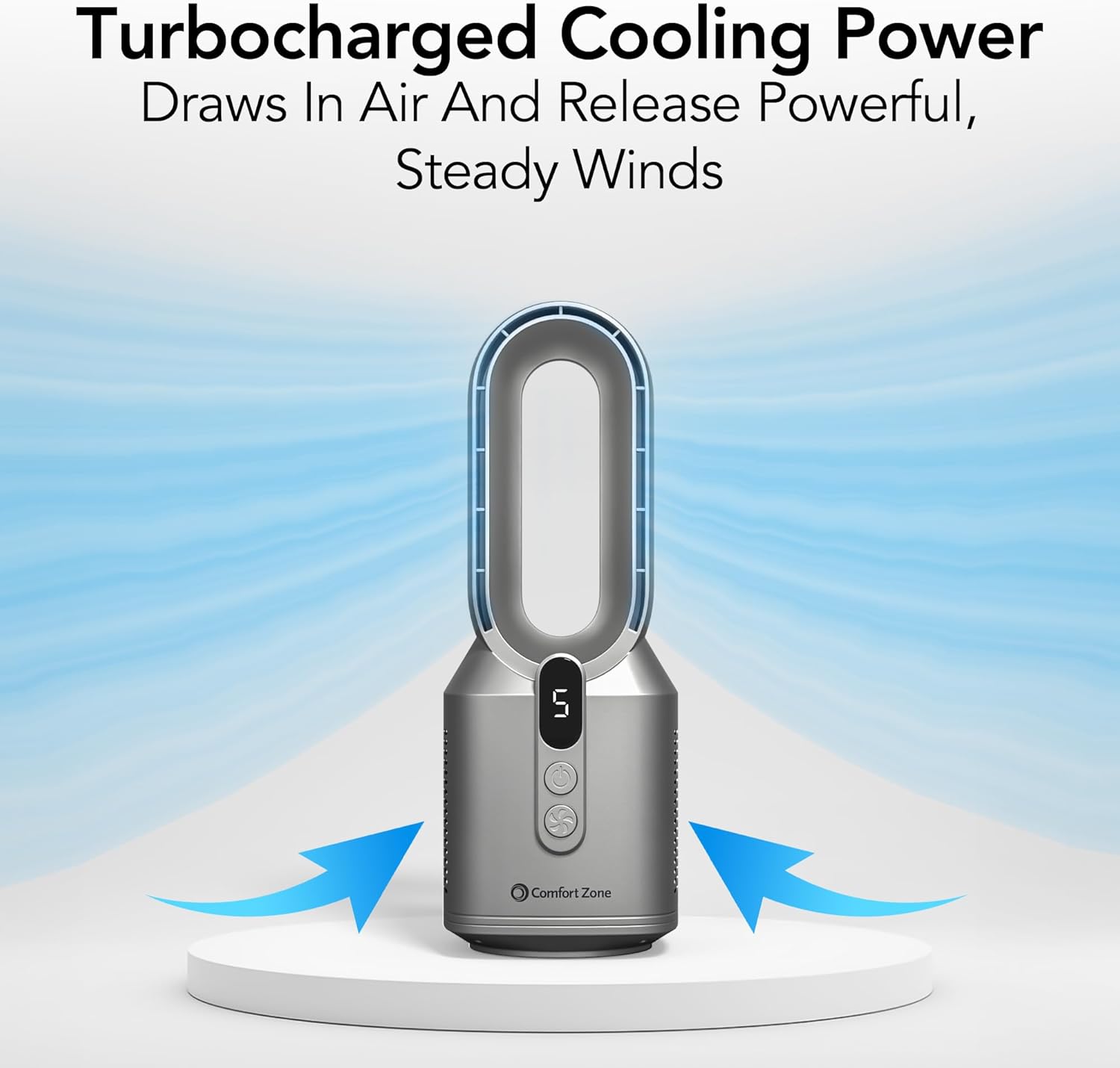 Comfort Zone 14-Inch Rechargeable Bladeless Tabletop Fan with 5 Speeds, Display Screen, Non-Slip Feet, Quiet Operation – Portable Personal Fan for Bedroom, Home, or Office, Silver