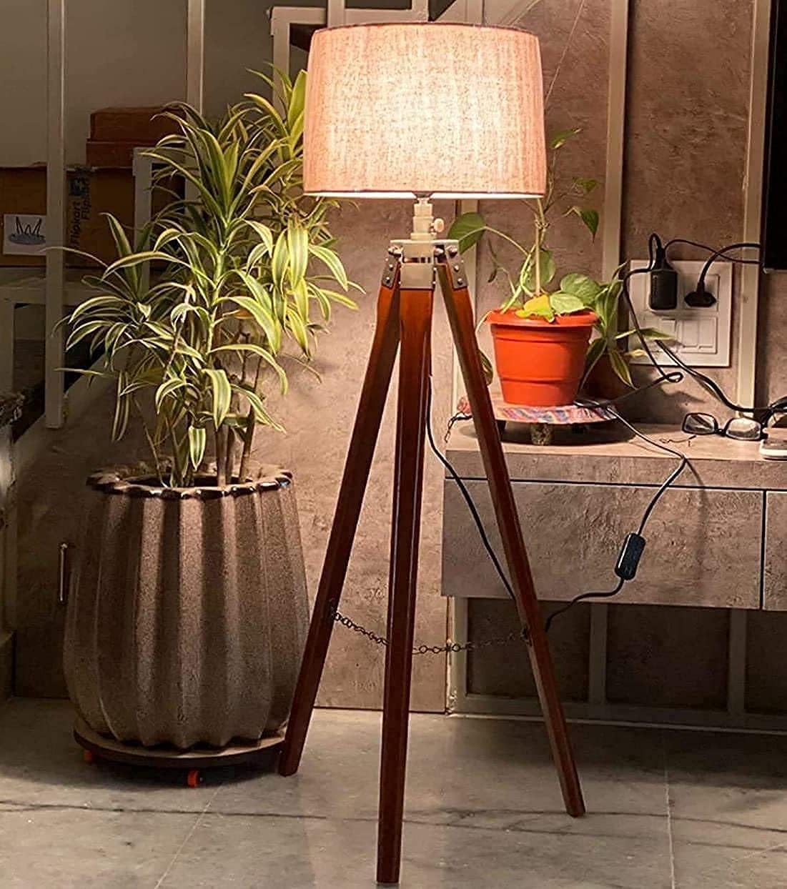Tripod Floor Lamp for Living Room, Bed Room with Wooden Crafter Stand | Modern Decorative Tripod Lamp in Jute Shade Brown LED..-image-0