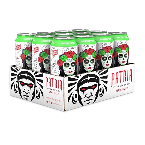 Miniatura 2 de Edición especial Day of the Dead Patria Energy Drink - Sin azúcar, paquete de 12, sabor a manzana verde, latas de 16 onzas, sabor 100% natural, 200
