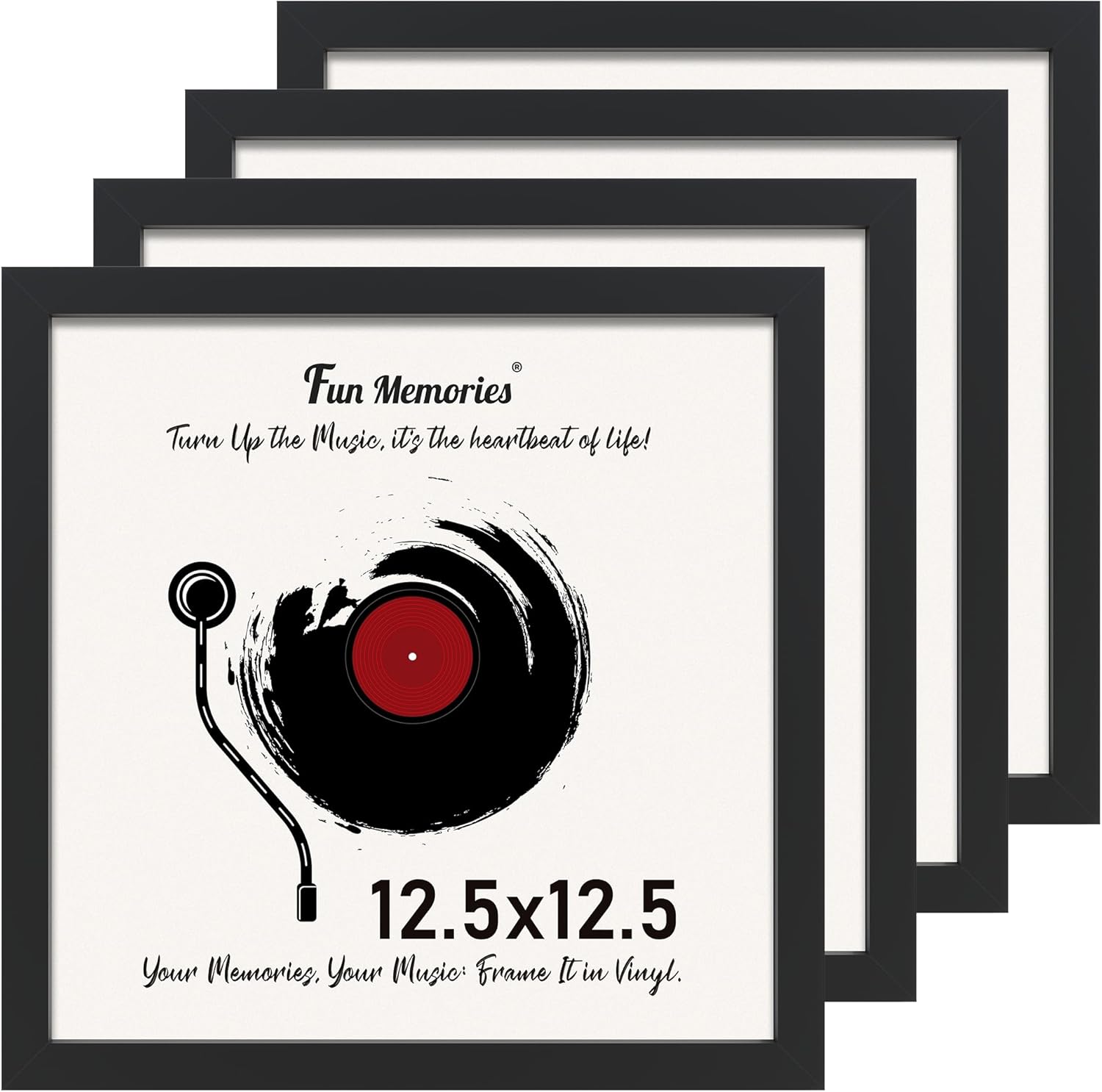 Fun Memories Vinyl Record Frame for the Wall Display Album Cover, Black 12.5 x 12.5 Music Album Frame to Display Vinyl Records, Home Decor LP Record Frame for Wall Easy to Hang, 4 Pack