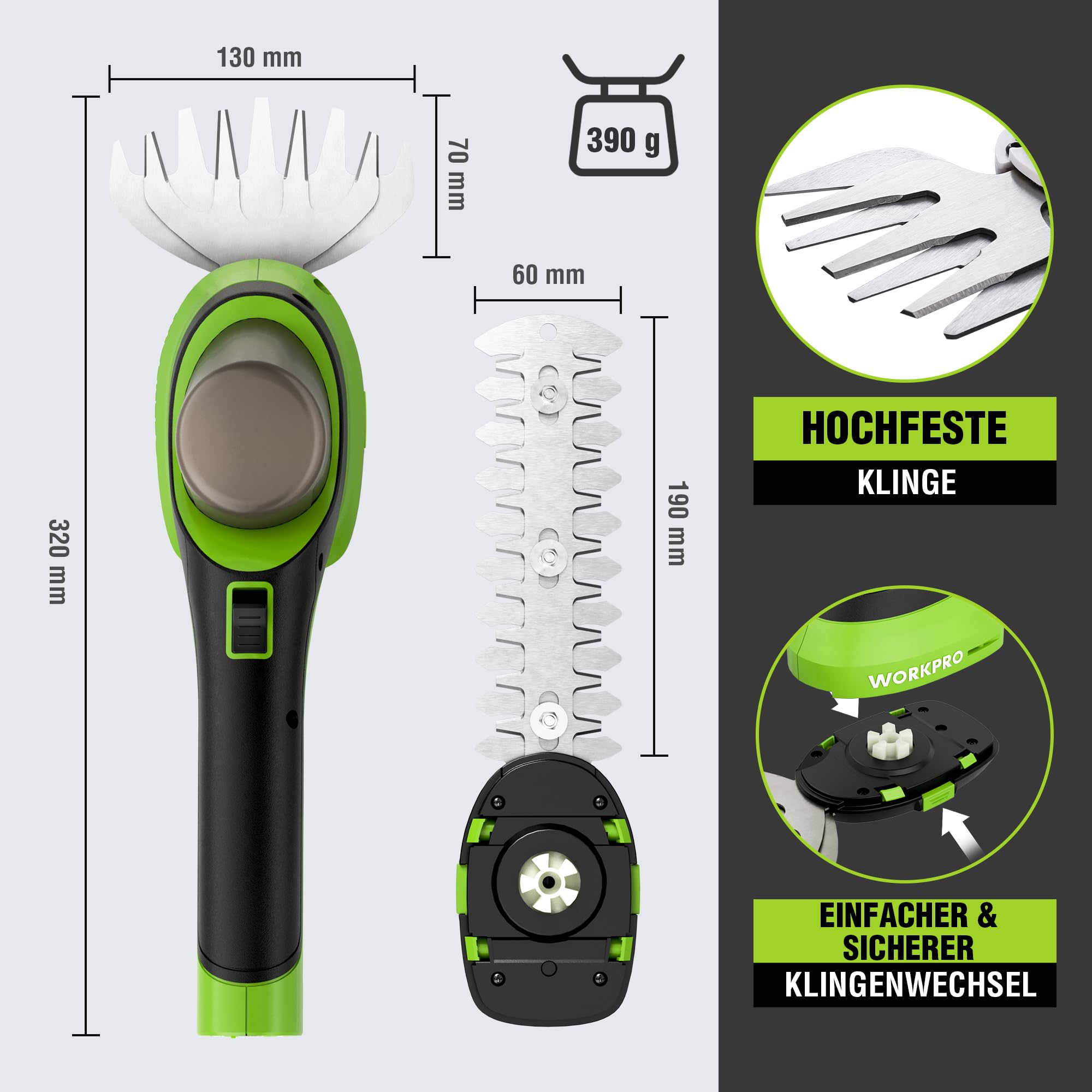 WORKPRO Gartenschere Akku 7,2V, 2 in 1 Gras- & Strauchschere mit 2 Messern | Schnittbreite 100 mm, Schnittlänge 150 mm, 2000mAh Akku & Ladekabel, Heckenschere für Rasenkanten, Strauchschnitt