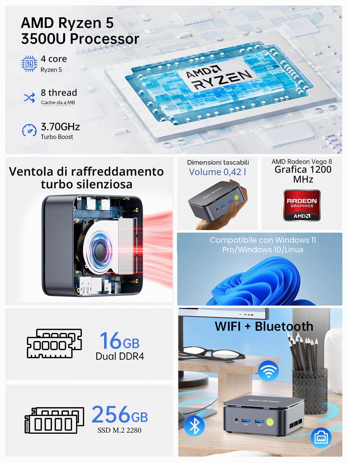 GMKtec G10 Mini PC Ryzen 5 3500U (Più potente di N150), 16GB RAM, 256GB SSD, LAN 2.5GbE, Computer desktop per ufficio e casa, Tripla uscita 4K, WiFi, Bluetooth, USB-C, DisplayPort