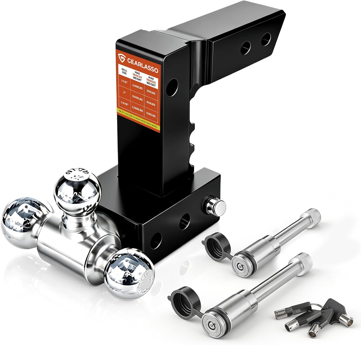 Adjustable Trailer Hitch Fits 2 Inch Receiver, Tri-Ball (1-7/8", 2" & 2-5/16") 6-Inch Rise/Drop RV Hitch 12500 Lbs Gtw Heavy Duty Aluminum Truck Tow Hitches Ball Mounts with Anti-Theft Pin (Black)