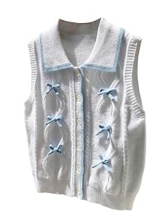 SHENHE Womens Bow Sweater Vest Cable Knit Button Up Sleeveless Collared Cute Knit Vest