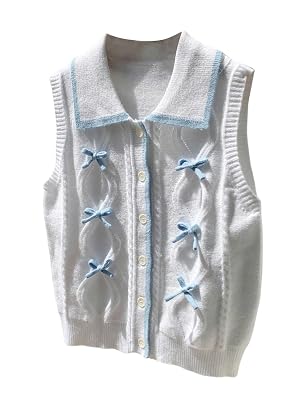 SHENHE Womens Bow Sweater Vest Cable Knit Button Up Sleeveless Collared Cute Knit Vest
