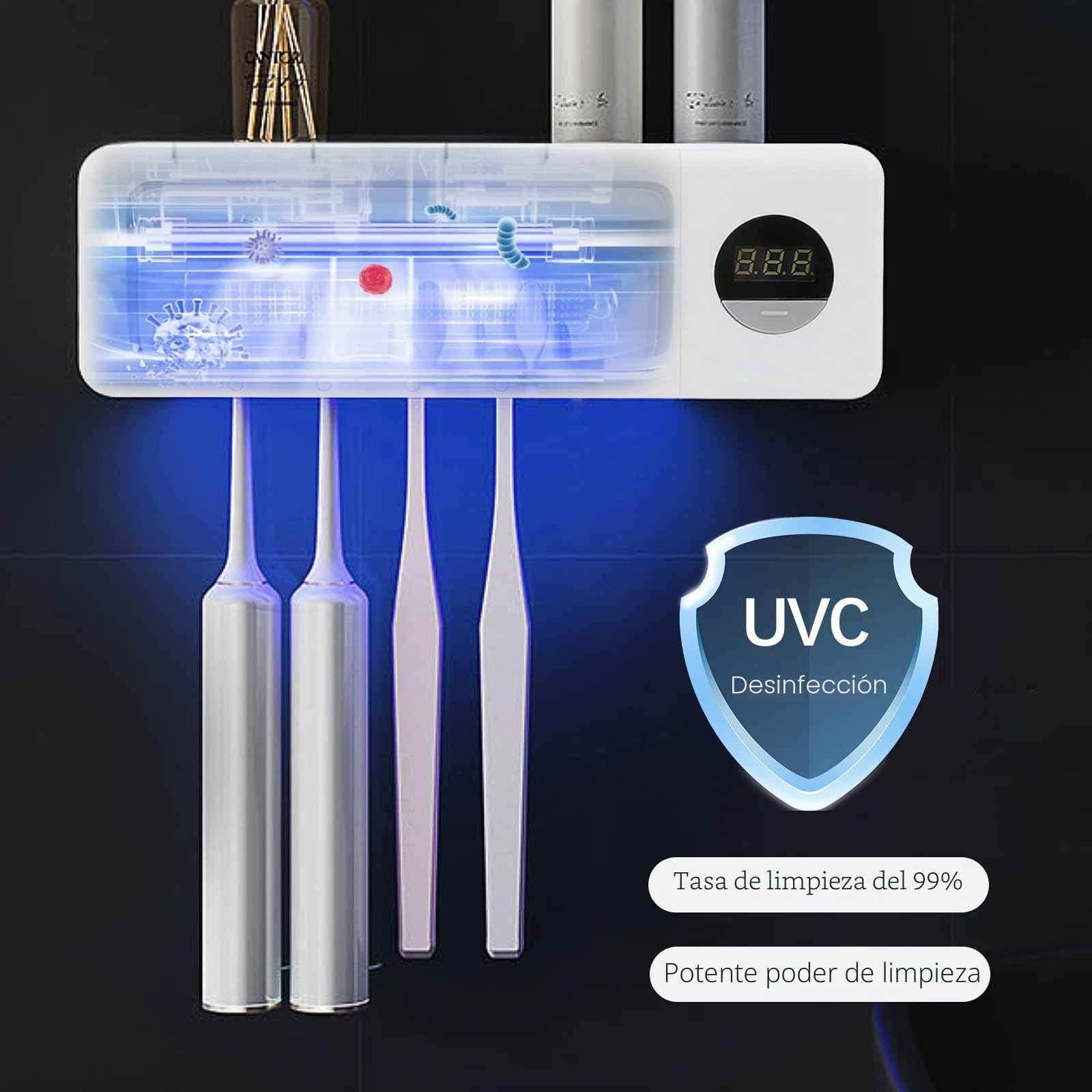 Esterilizador cepillo de dientes - Anti-UV para cepillos de baño, soporte para cepillos eléctricos de pared, carga 2000 mAh, función cronómetro