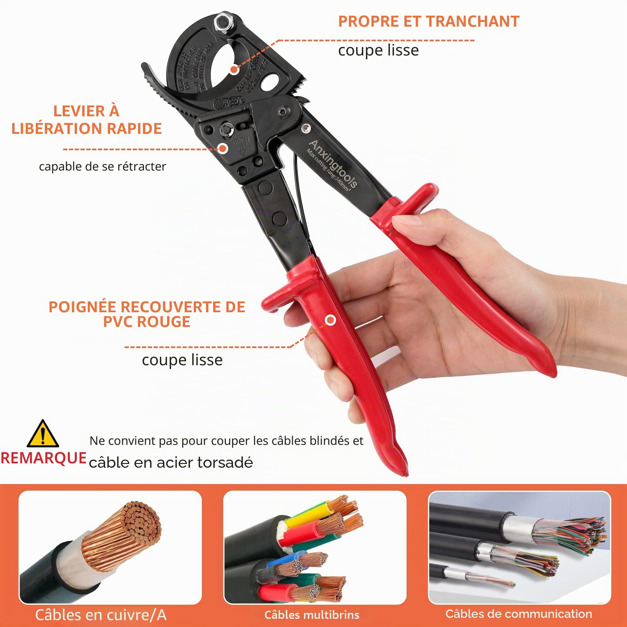 Pince coupante à cliquet, Anxingtools HS325 Coupe-fil robuste pour câble en cuivre aluminium jusqu'à 240 mm², Coupe-câble à cliquet (HS325)