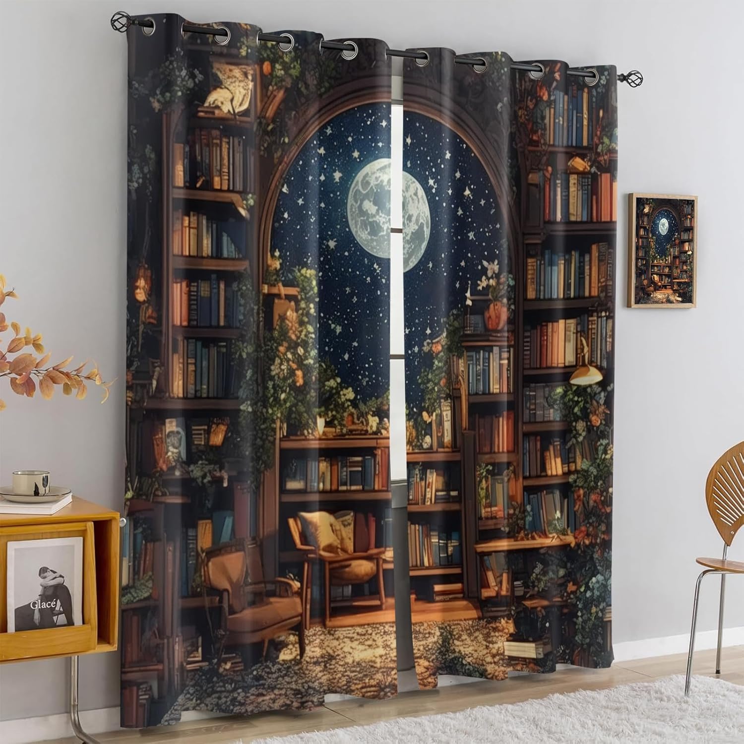 Moonlight Library Window Curtains, Vintage Bookcase Books Curtains Set 2 Panel Blackout Curtains 54 Inch Length, Grommet Window Drapes for Kid Room, 42 x 54 Inch