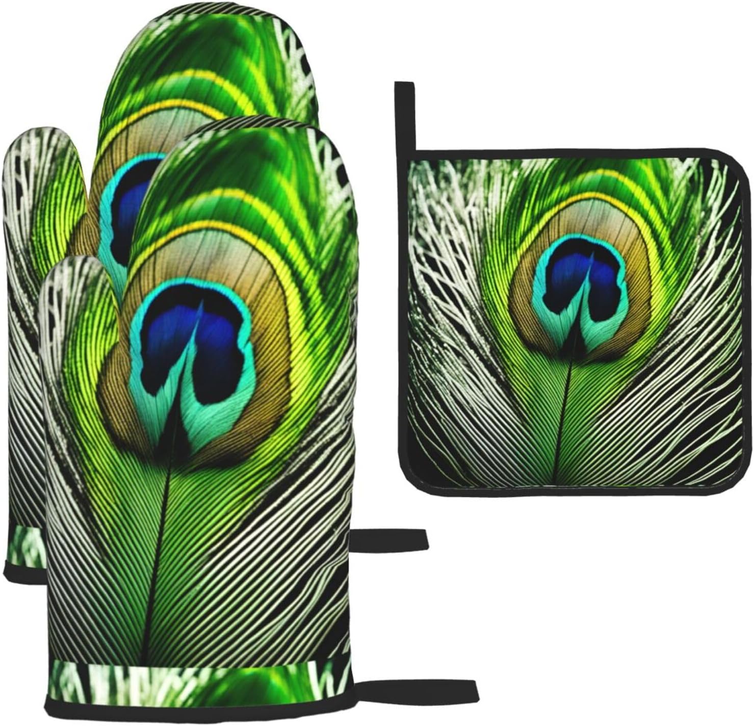 Green Peacock Feather Print Heat Resistant Microwave Gloves, Used for Baking, Cooking, and Fashion Kitchen Essentials