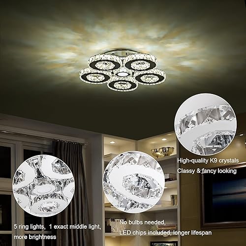 Miniatura 5 de KKMYWAN Lámpara de techo de cristal empotrada LED regulable con control remoto de 5 anillos, lámpara de techo para dormitorio, sala de estar,
