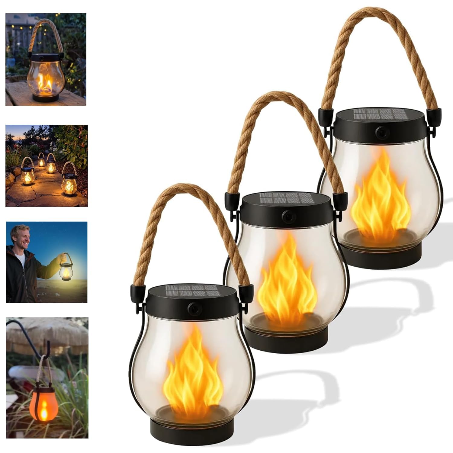 Solar Lantern Lights Outdoor - 4pcs Flicking Flame LED, Lanternes suspendues imperméables pour patio, jardin, camping 3pcs