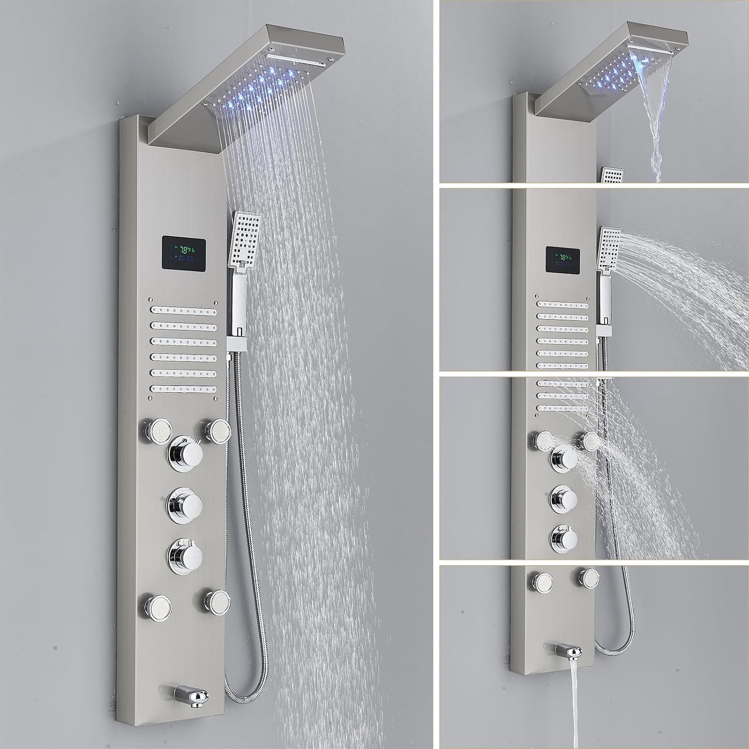 Close-up view of the shower panel showing the rainfall shower, waterfall shower, handheld shower, body jets, and tub spout in action.