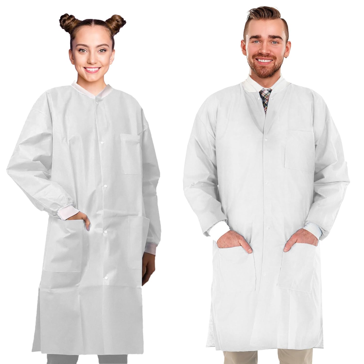 AMZ Medical Supply Disposable Lab Coats for Adults, Small White 50 GSM SMS Knee-Length Coat, Knit Collar and Cuffs, Snap Closure, 3 Pockets, Pack of 30