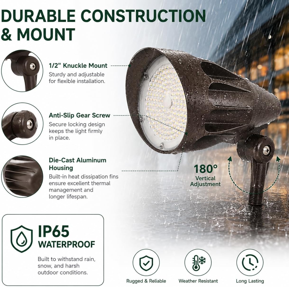 LED Bullet Spot Flood Light 30W/40W/50W Selectable 3CCT 8000LM Dimmable | 3000K/4000K/5000K Tunable, 38° Beam Angle, 100-277VAC, 1/2" Knuckle Mount, Dark Bronze, Commercial Outdoor Lighting